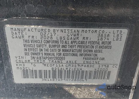 2017 Nissan Sentra Sr z USA, uszkodzony, nr VIN 3N1AB7AP9HY280069